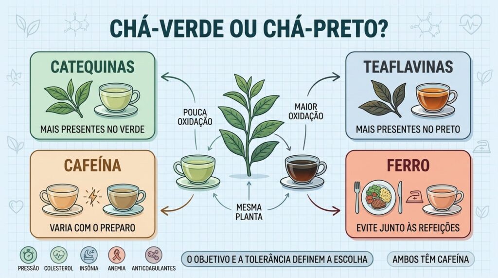 Catequinas, teaflavinas, cafeína e ferro diferenciam os dois tipos de chá.