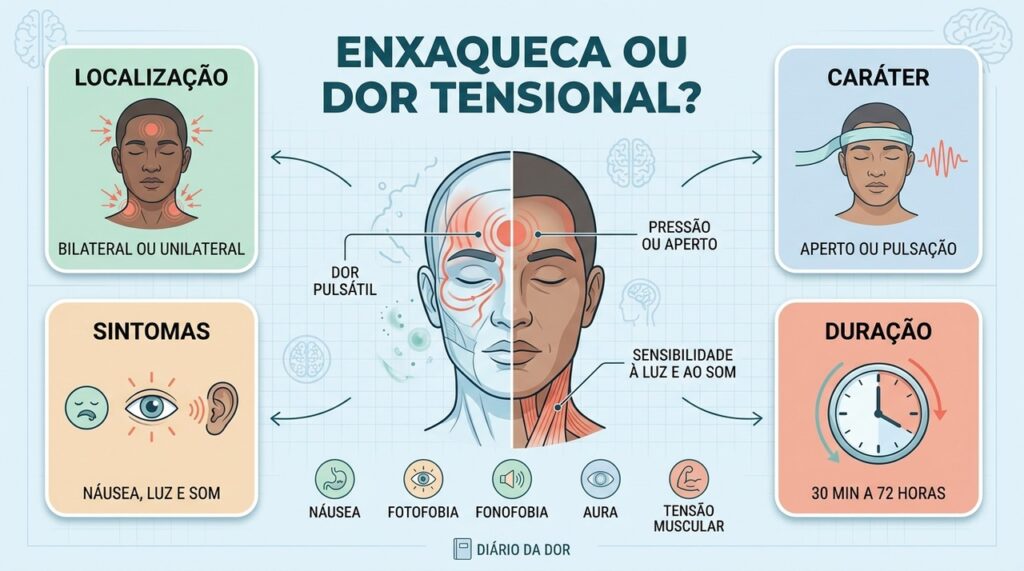 Localização, intensidade, duração e sintomas ajudam a diferenciar enxaqueca de cefaleia tensional.