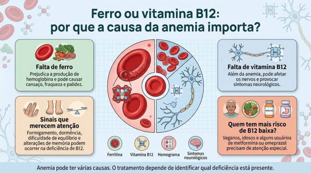 Identificar se a anemia é causada por falta de ferro ou de vitamina B12 é essencial para orientar o tratamento correto.