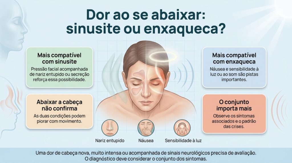 A diferença entre sinusite e enxaqueca depende mais do conjunto de sintomas do que da piora da dor ao se abaixar.