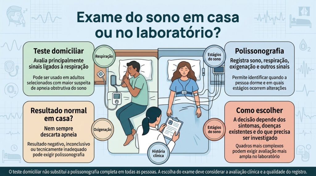 A escolha entre teste domiciliar e polissonografia depende da suspeita clínica, das condições de saúde e das informações necessárias para o diagnóstico.