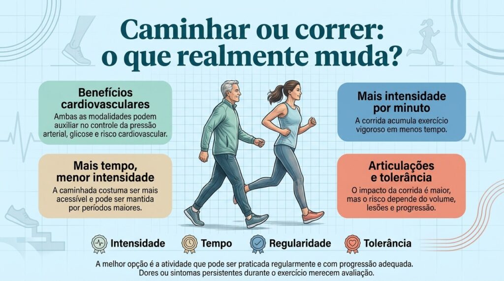 Corrida e caminhada diferem em intensidade, tempo e impacto, mas ambas podem contribuir para a saúde quando praticadas com regularidade.
