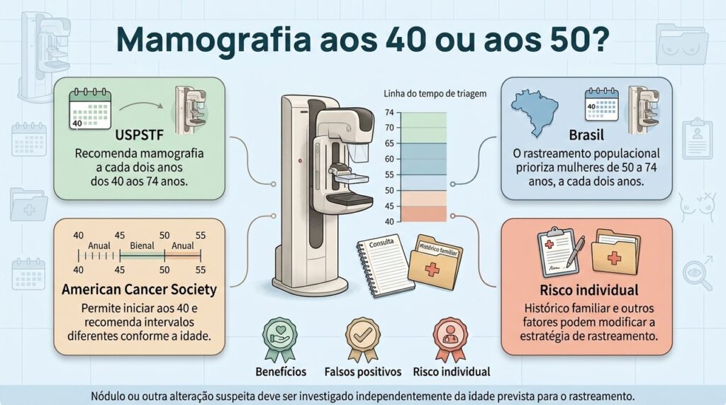 A idade para começar a mamografia varia entre diretrizes porque cada estratégia equilibra benefícios, riscos e características da população.