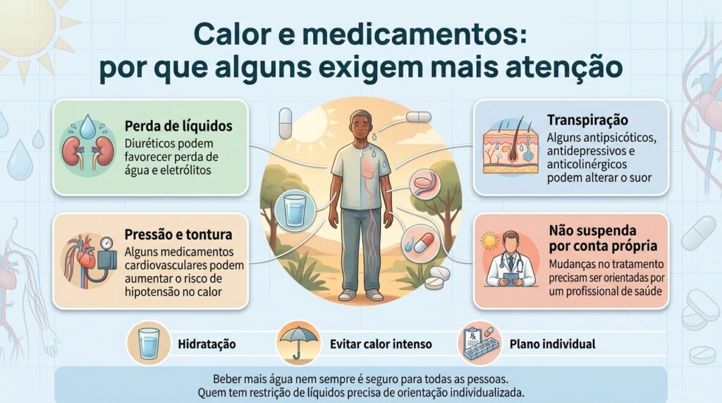 O efeito do calor varia conforme o medicamento, a dose, as doenças existentes e a capacidade individual de manter hidratação e pressão adequadas.