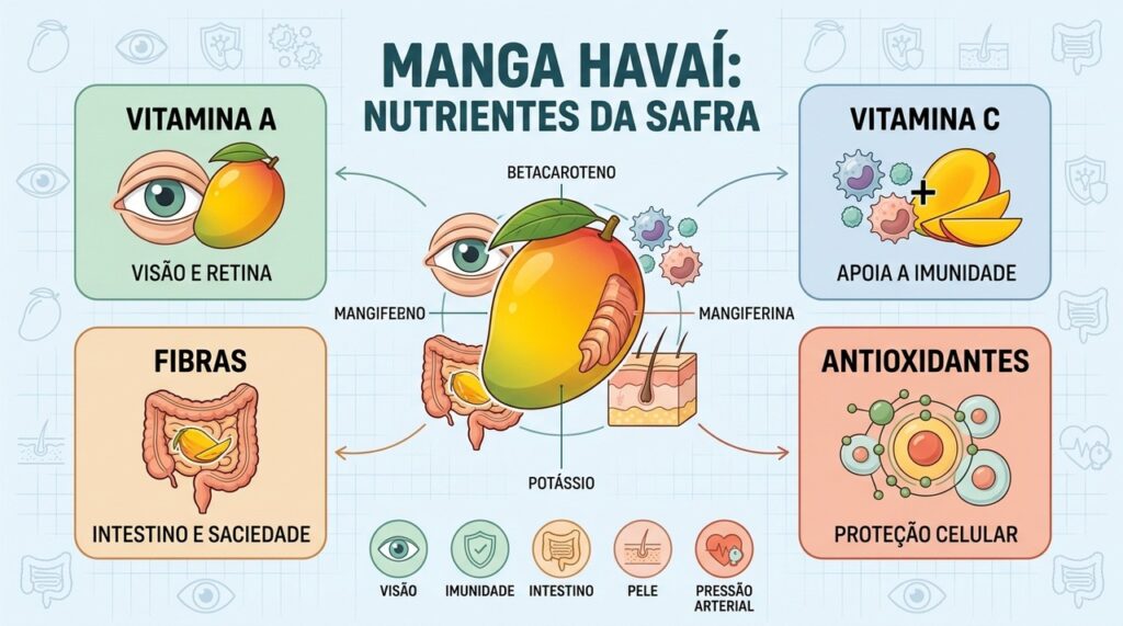 Vitamina A, fibras, potássio e antioxidantes destacam os benefícios nutricionais da manga havaí.