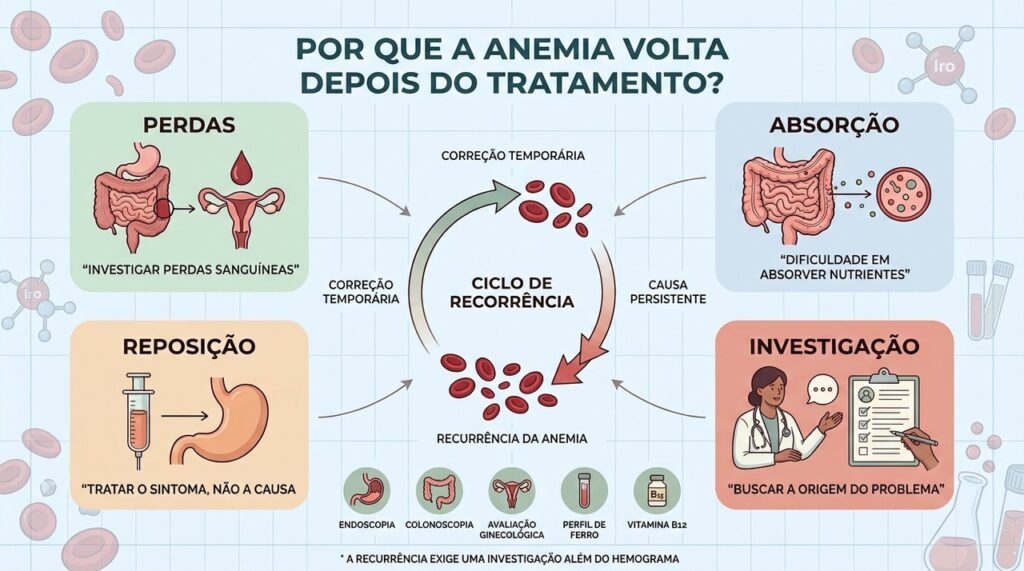 Perdas, má absorção e deficiências persistentes podem explicar por que a anemia retorna após o tratamento.