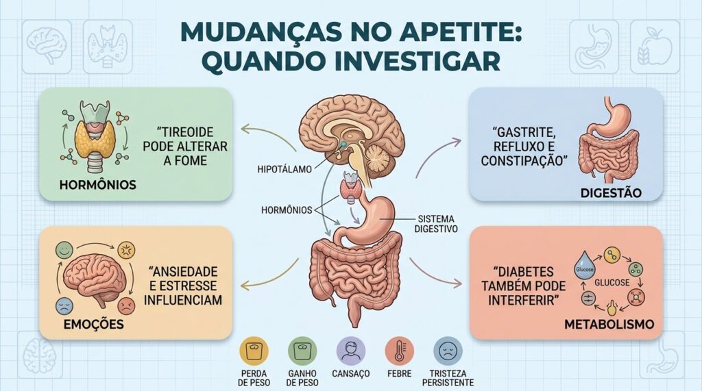 Hormônios, digestão, metabolismo e emoções estão entre fatores que alteram o apetite.