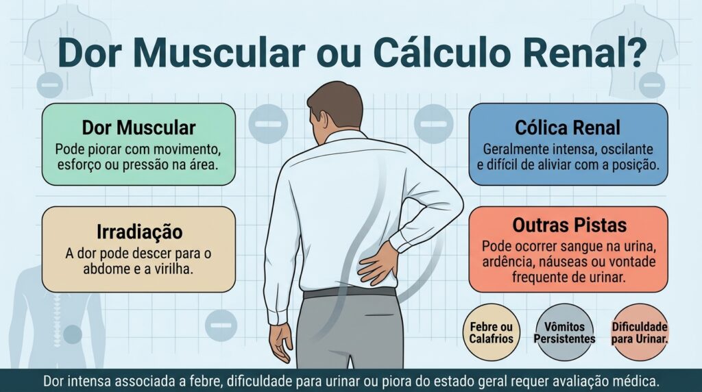 O padrão da dor e os sintomas urinários ajudam na avaliação, mas o diagnóstico de pedra no rim exige avaliação médica.