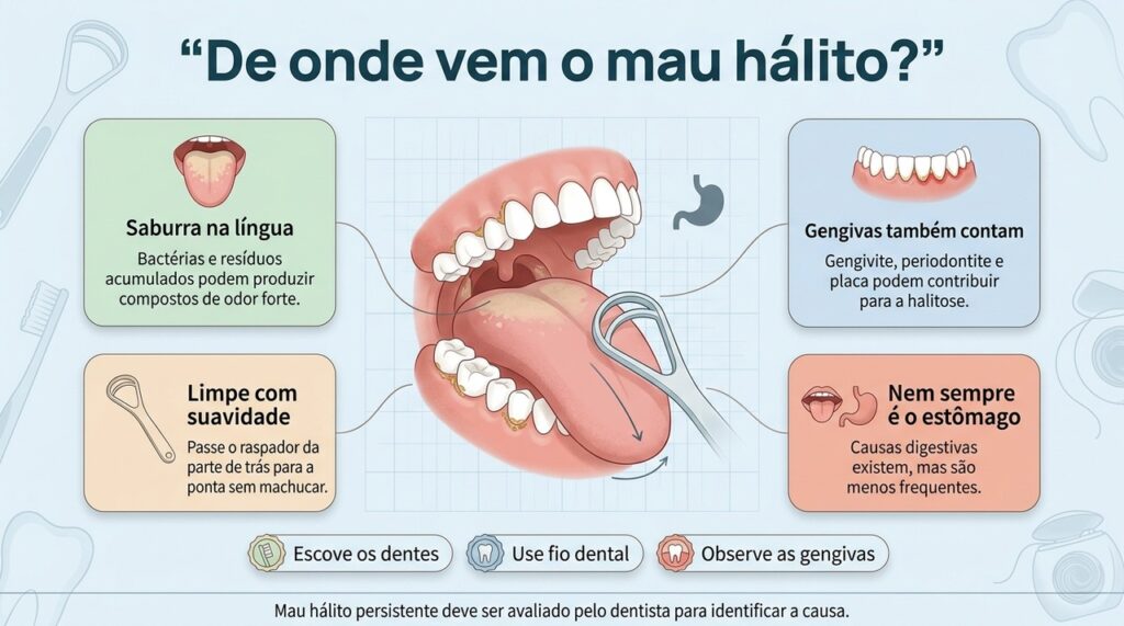 Limpeza da língua, escovação e cuidado com as gengivas ajudam a controlar as principais causas bucais da halitose.