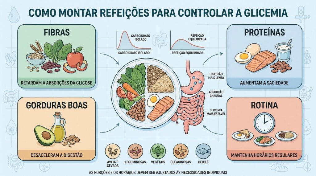 Fibras, proteínas, gorduras boas e rotina ajudam a moderar a resposta glicêmica.