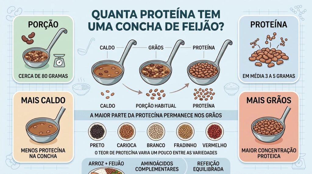 Uma concha média oferece proteína variável, e mais grãos aumentam a concentração na porção.