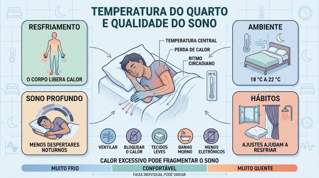 Resfriamento corporal, ambiente fresco, sono profundo e hábitos noturnos atuam de forma integrada.