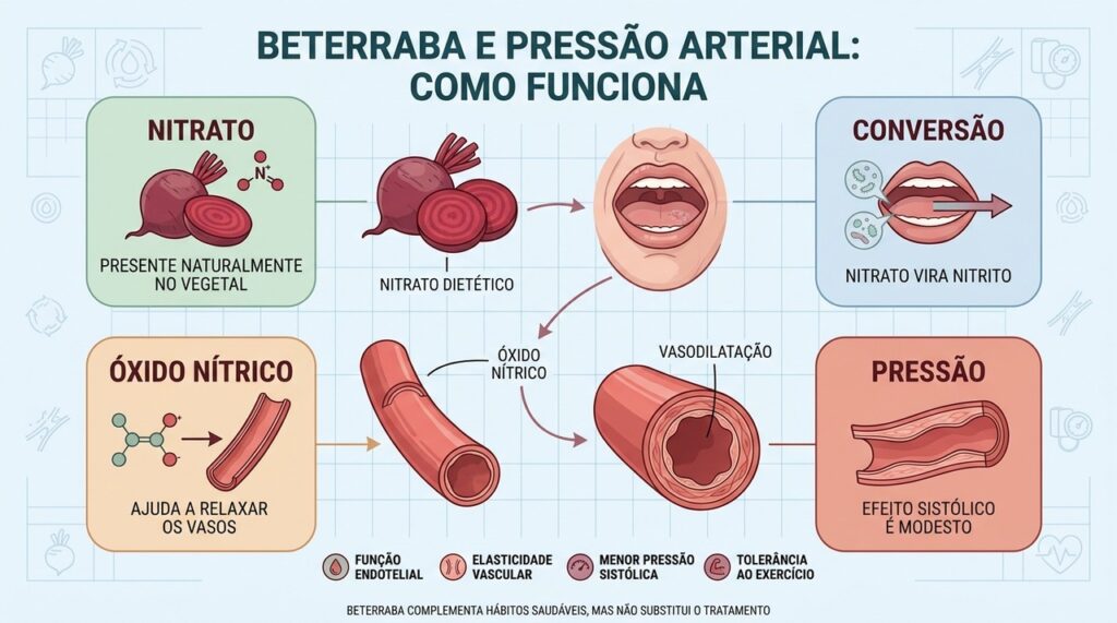 Nitrato, nitrito, óxido nítrico e vasodilatação explicam o efeito da beterraba.