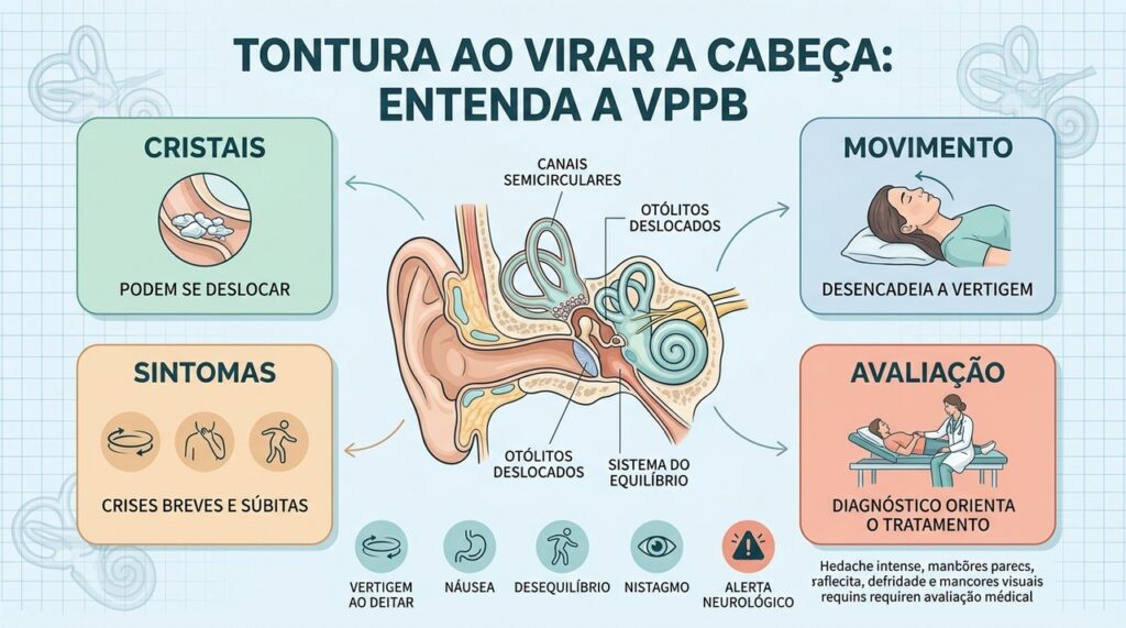 Cristais deslocados no ouvido interno explicam a vertigem posicional e seus principais sintomas.