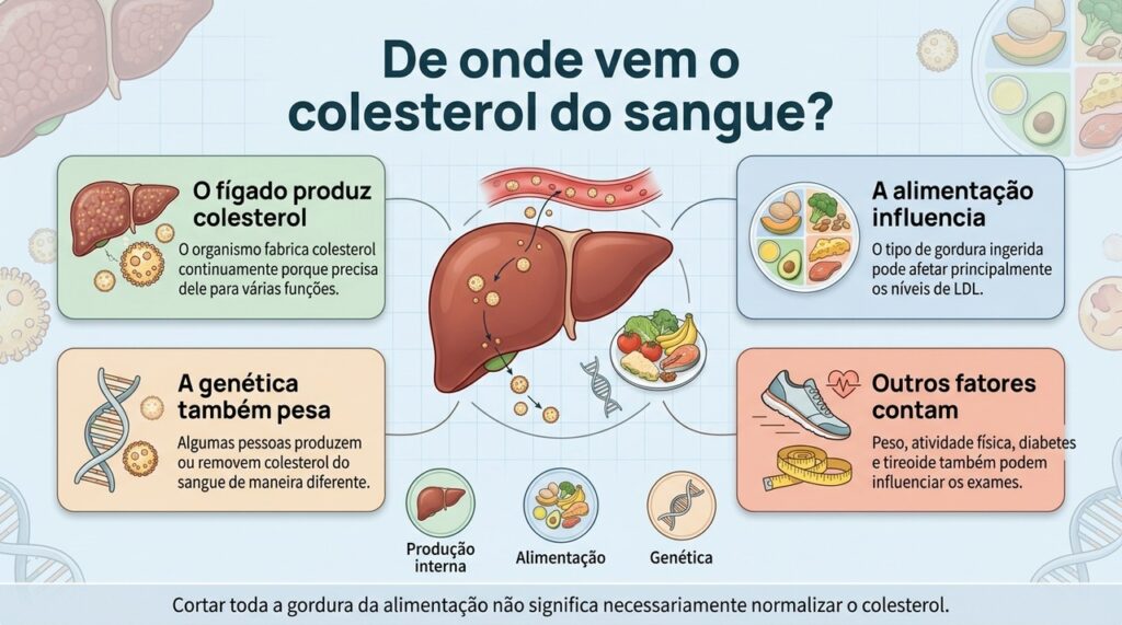 O fígado tem papel central na produção de colesterol, enquanto alimentação, genética e fatores metabólicos ajudam a definir os níveis encontrados nos exames.
