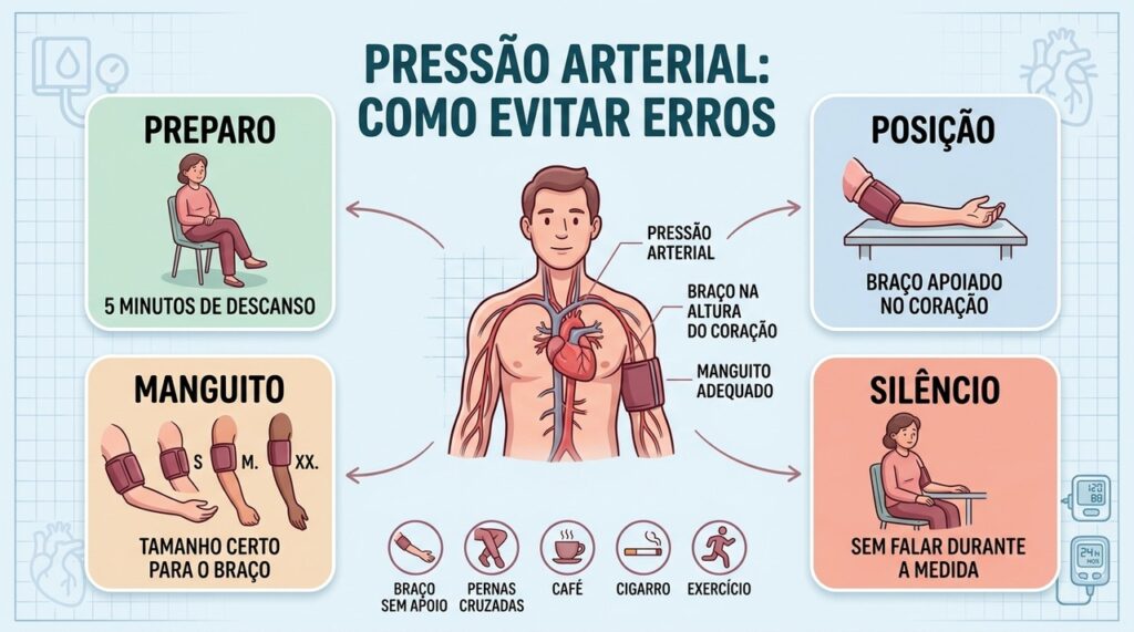 Preparo, posição, manguito e silêncio são essenciais para medir a pressão corretamente.