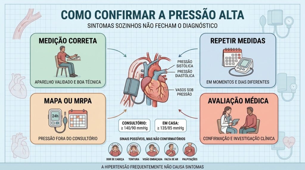 Medições repetidas, MAPA ou MRPA e avaliação médica confirmam a hipertensão.