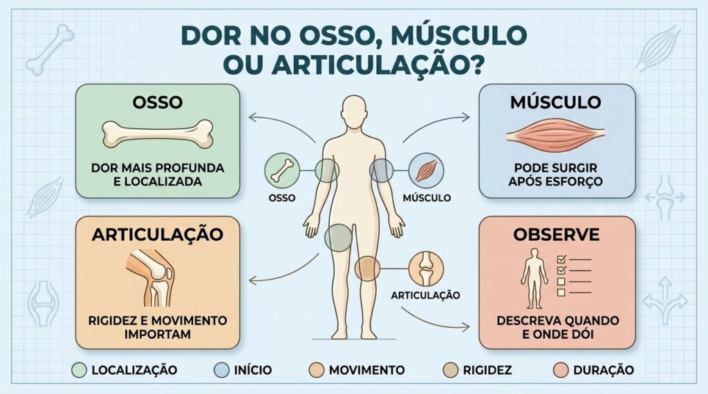 Localização, esforço, movimento, rigidez e duração ajudam a orientar a investigação da dor.