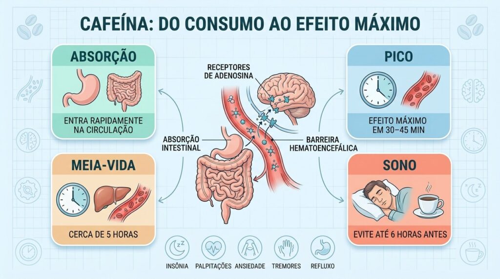 Absorção, pico, meia-vida e horário de consumo determinam os efeitos da cafeína.