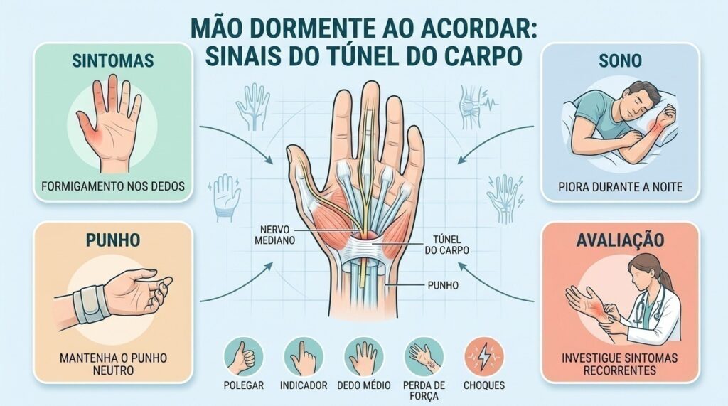 Sintomas noturnos, dedos afetados e perda de força ajudam a reconhecer o túnel do carpo.