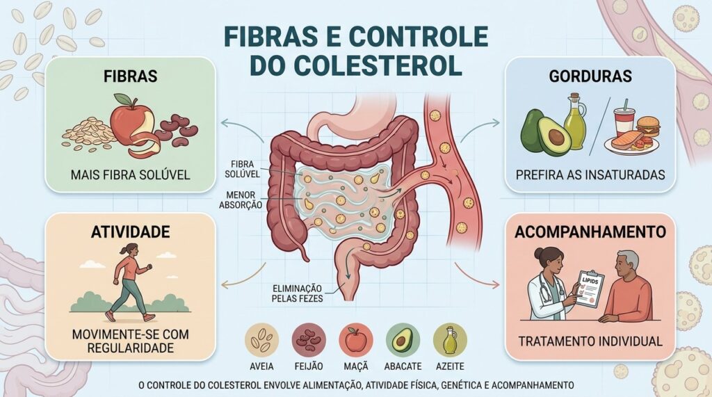 Fibras, gorduras adequadas, atividade física e acompanhamento integram o controle do colesterol.