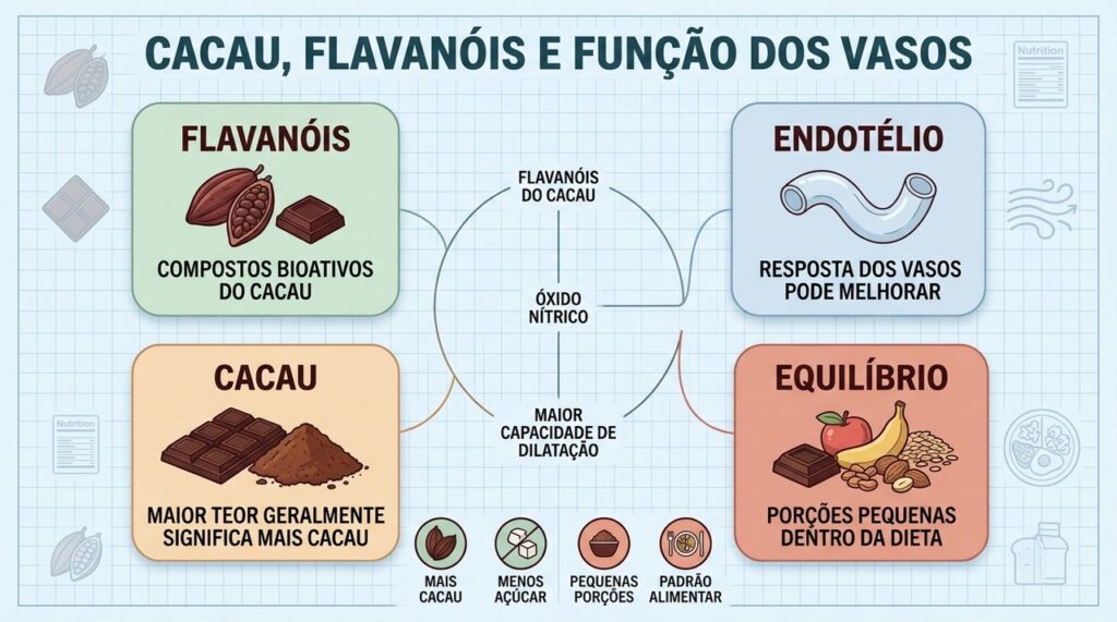 Flavanóis, teor de cacau, porção e alimentação equilibrada definem o contexto do benefício.