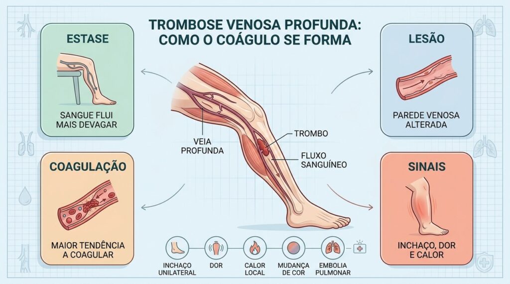 Estase, lesão vascular e coagulação ajudam a explicar como a trombose venosa profunda surge.