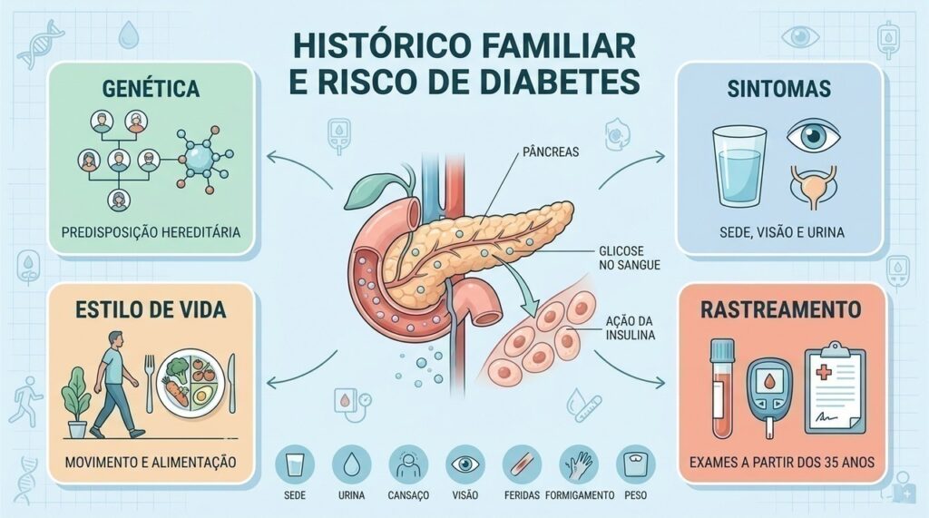 Genética, sintomas, estilo de vida e rastreamento ajudam a reconhecer riscos relacionados ao diabetes.