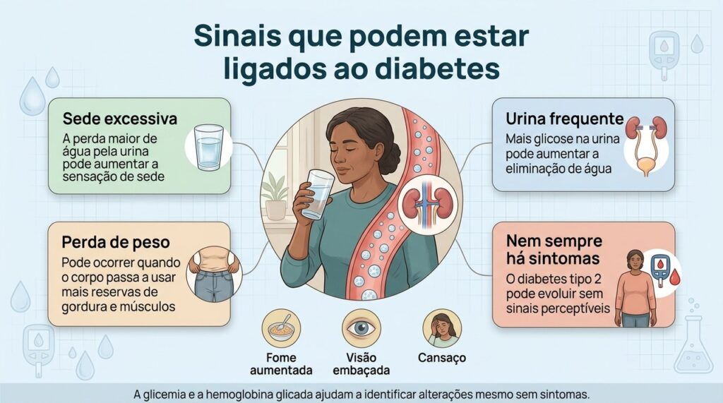 Os sintomas podem levantar suspeita, mas o diagnóstico do diabetes depende de exames e avaliação profissional.