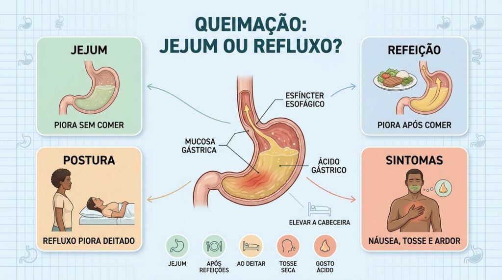 Horário, postura e sintomas associados ajudam a diferenciar gastrite de refluxo.