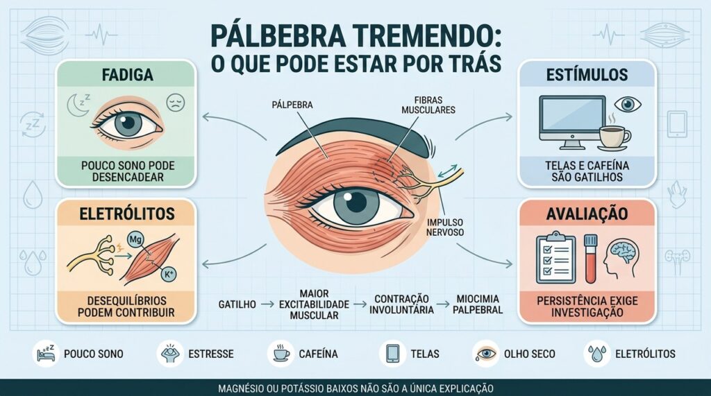 Sono, telas, cafeína e eletrólitos estão entre fatores ligados ao tremor palpebral.