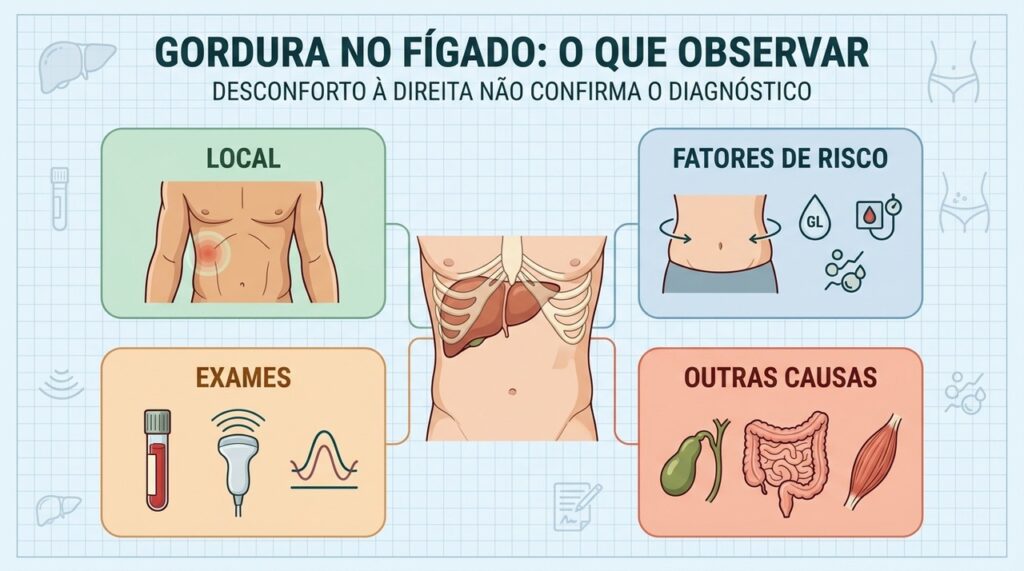 Sintomas, risco metabólico e exames ajudam a investigar a esteatose hepática.
