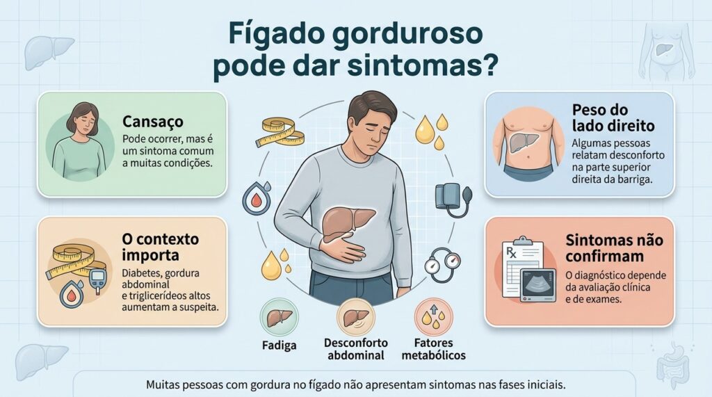 Esteatose pode ser silenciosa, e quando há sintomas eles precisam ser interpretados junto com fatores de risco e exames.