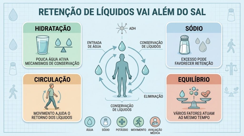 Hidratação, sódio, circulação e equilíbrio corporal participam da regulação dos líquidos.