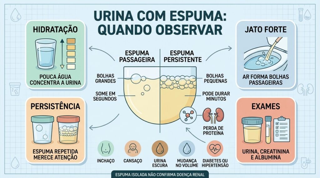 Duração, tipo de bolha e sintomas ajudam a diferenciar espuma urinária.