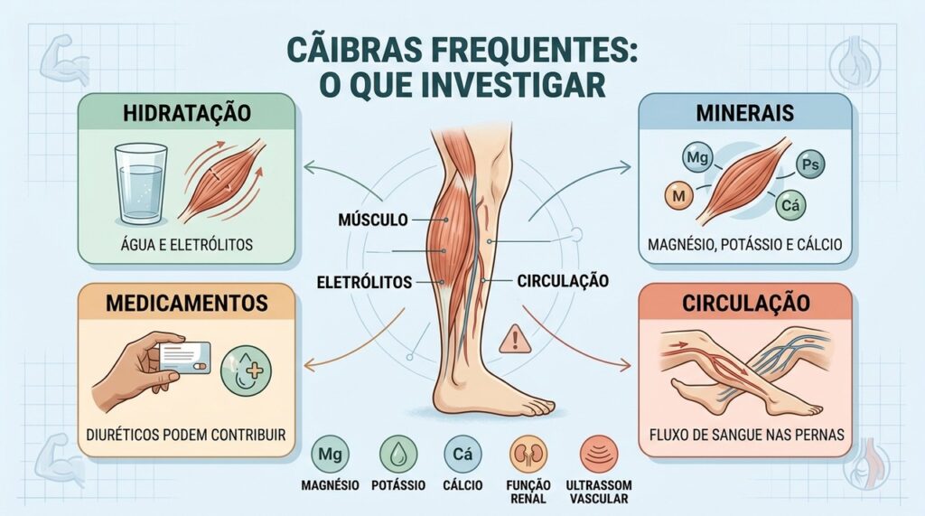 Quatro frentes ajudam a investigar cãibras: hidratação, minerais, medicamentos e circulação.