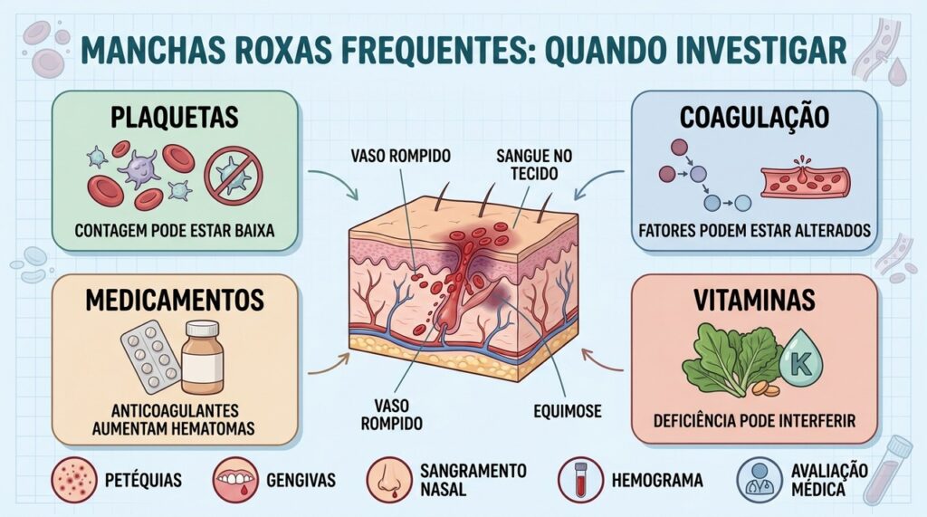 Plaquetas, coagulação, medicamentos e vitamina K ajudam a explicar hematomas recorrentes.