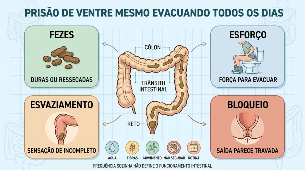 Fezes duras, esforço, bloqueio e esvaziamento incompleto também caracterizam constipação funcional.