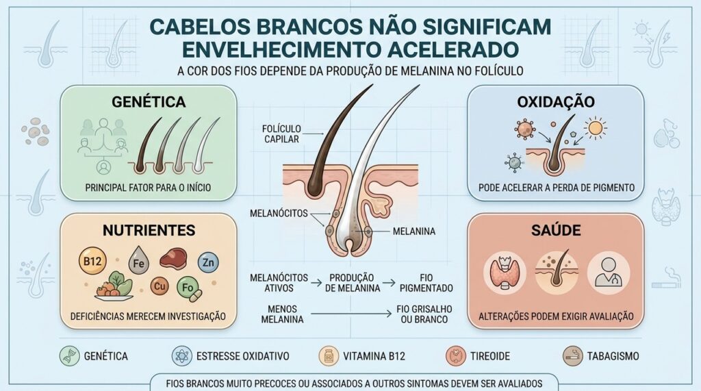 Genética, melanina, nutrientes e saúde hormonal influenciam o aparecimento dos fios brancos.