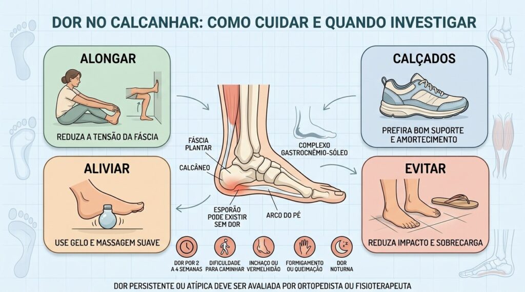 Alongamento, suporte, alívio de impacto e sinais de alerta orientam o cuidado do calcanhar.