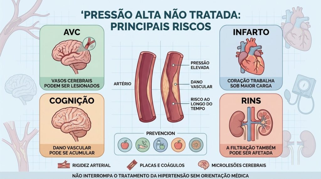AVC, infarto, dano cognitivo e lesão renal estão entre os riscos da hipertensão persistente.