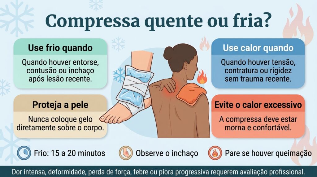 Frio e calor têm indicações diferentes, e a escolha depende do tipo de dor e da presença de lesão recente ou inchaço.