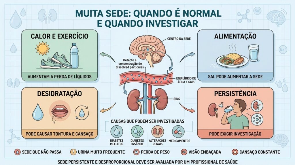 Calor, alimentação, hidratação e sinais persistentes ajudam a diferenciar causas da sede.