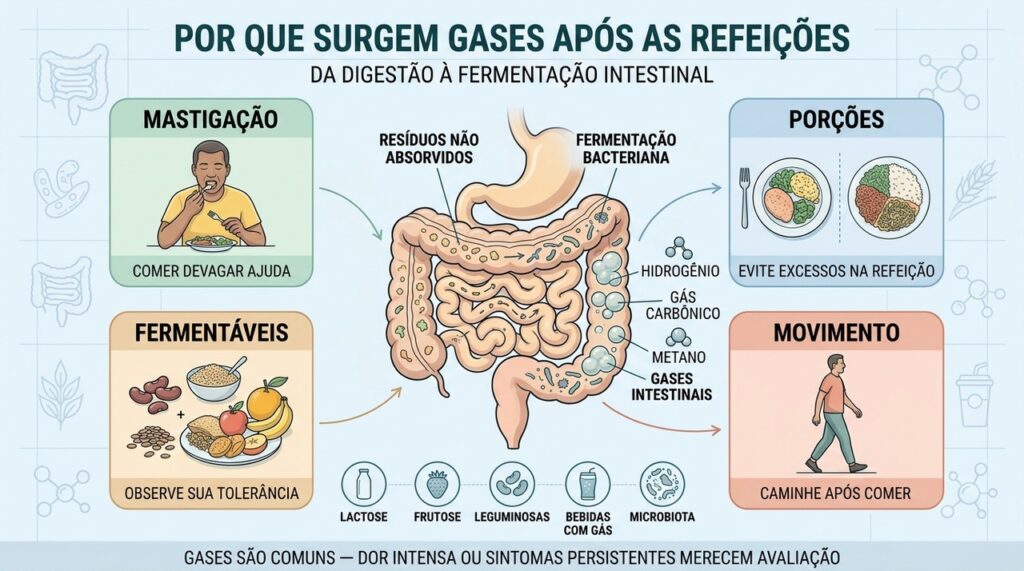 Digestão incompleta, fermentação bacteriana e hábitos alimentares influenciam a formação de gases.