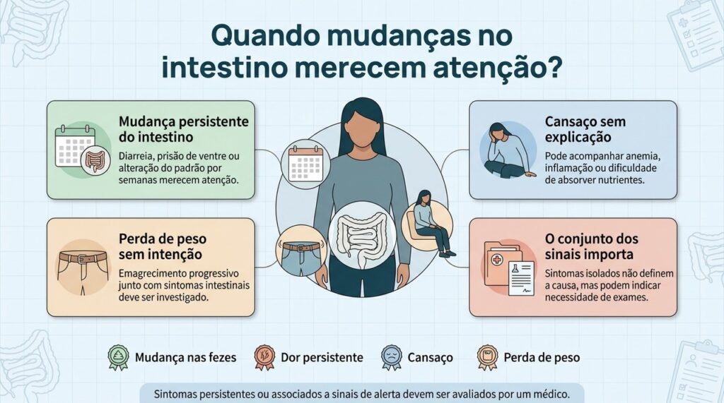 Alterações intestinais que persistem ou aparecem junto com cansaço e perda de peso não devem ser atribuídas automaticamente apenas à alimentação.