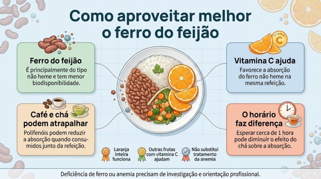 Combinar feijão com alimentos ricos em vitamina C é uma estratégia simples para favorecer o aproveitamento do ferro vegetal.