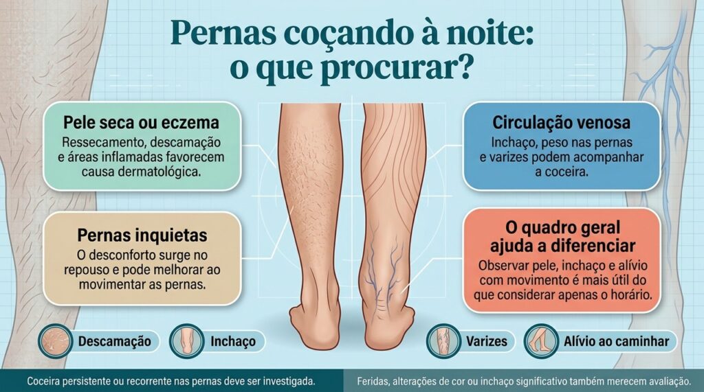 O padrão dos sintomas ajuda a diferenciar causas dermatológicas, venosas e neurológicas da coceira noturna nas pernas.