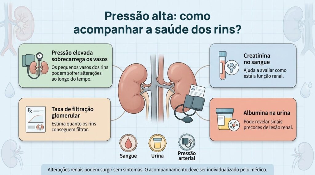 Creatinina, taxa de filtração e albumina na urina ajudam a acompanhar possíveis alterações renais associadas à hipertensão.