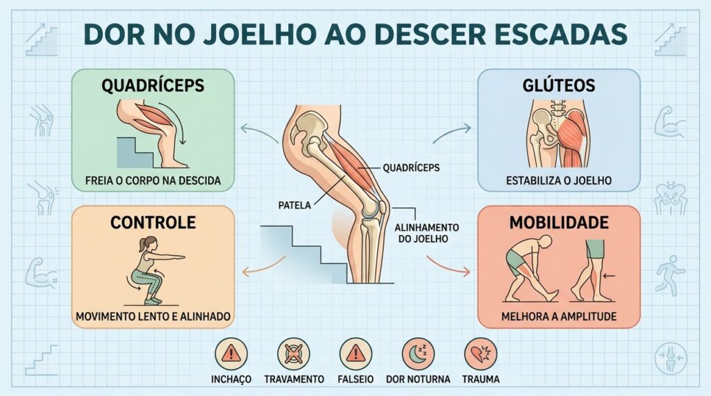 Fortalecer quadríceps e glúteos ajuda a controlar a carga sobre o joelho.