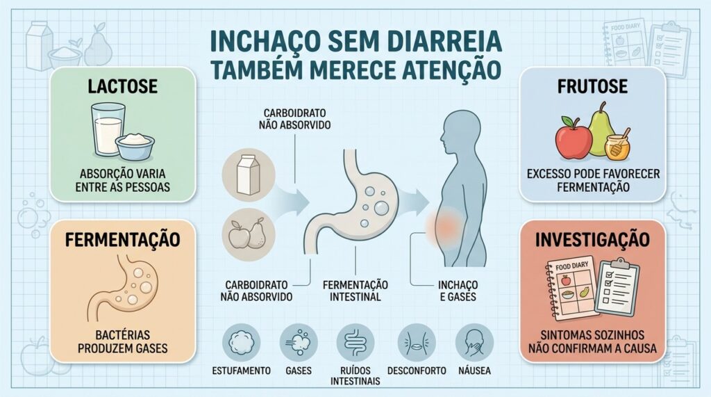 Lactose, frutose, fermentação e investigação ajudam a explicar inchaço mesmo sem diarreia.